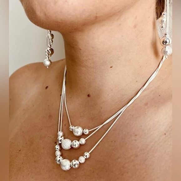 925 Sterling Silver Beaded Necklace & Earrings Set – Timeless Elegance - Picture 1 of 15